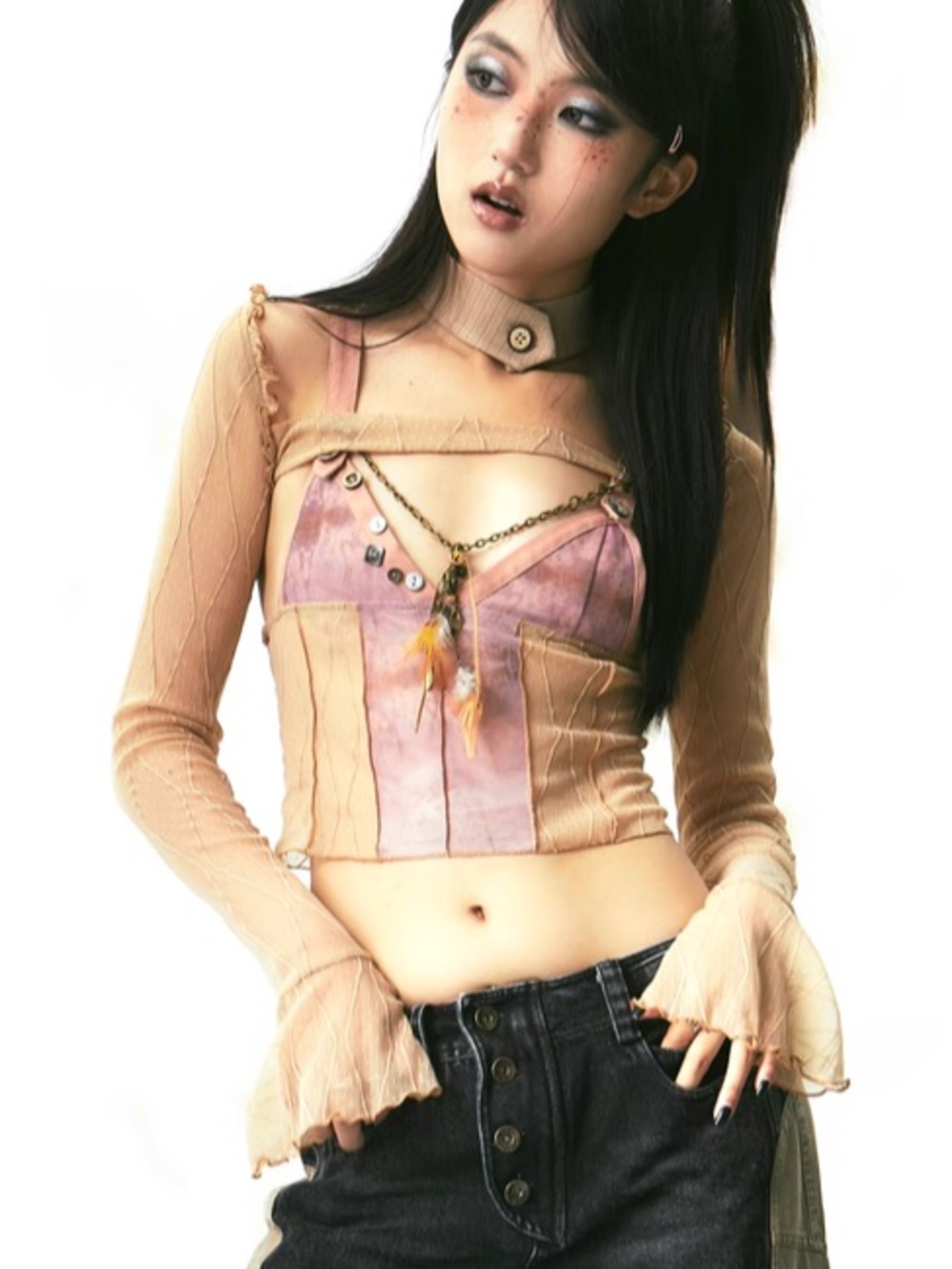 OPEN AESTHETIC Psychedelic Corset Gauze Mesh Lace Panel